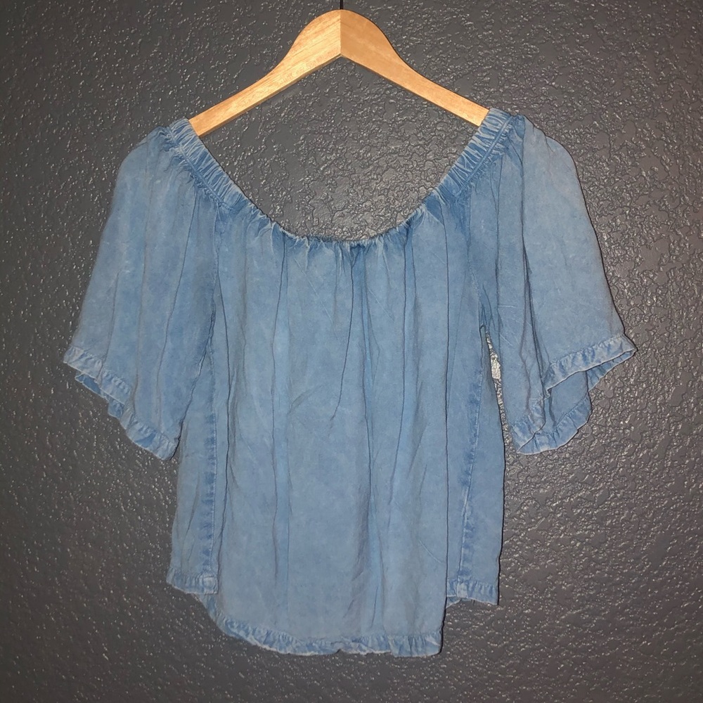 light blue off the shoulder flowy shirt size M